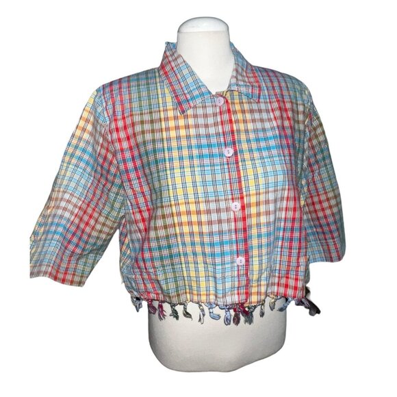 Onque Casuals Vintage Plaid Tassel Hem Collared Crop Top Sz Large Womens MultiCo - Picture 1 of 7